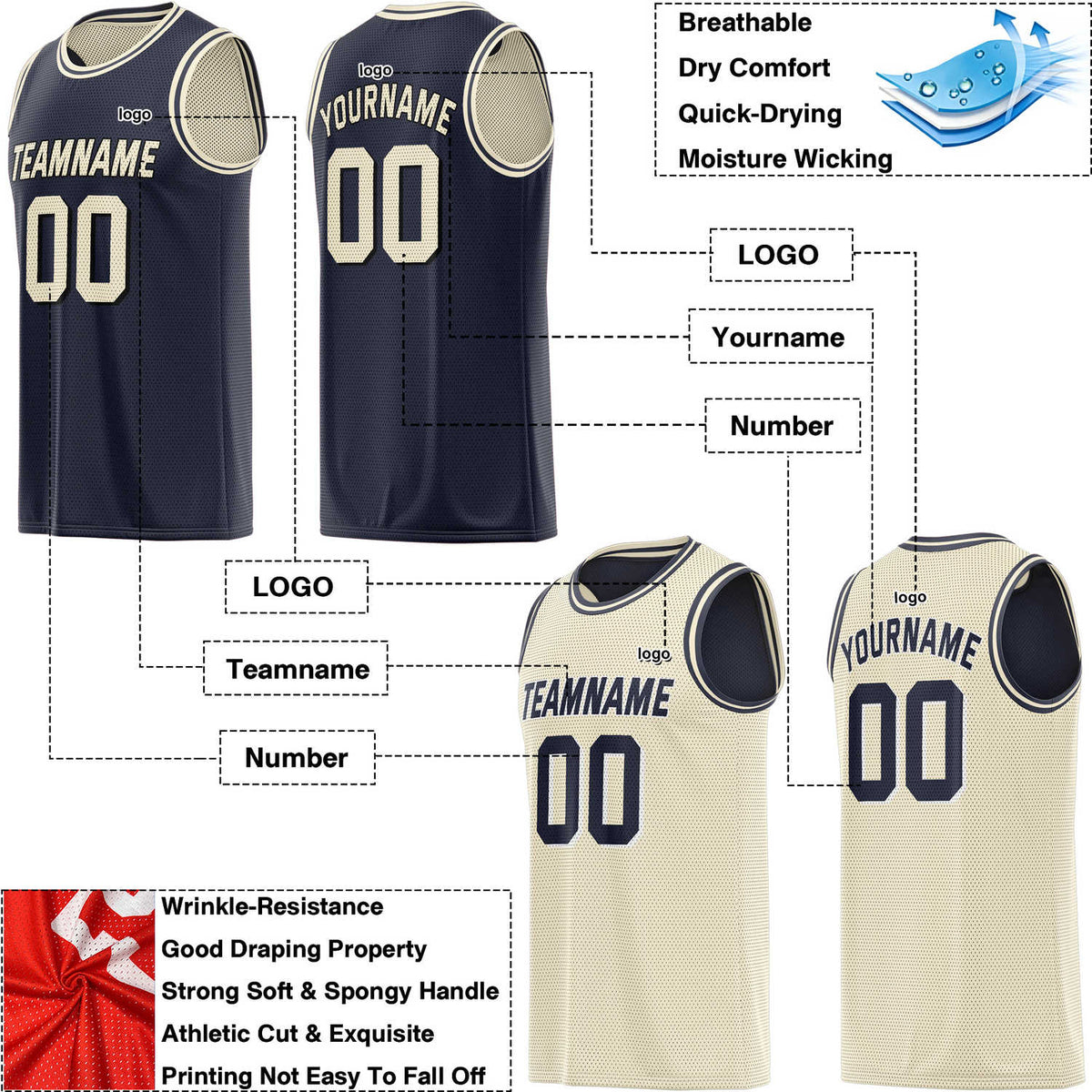 Custom Reversible Navy & Cream Mesh Basketball Jersey | Personalized Team Jersey | Vosoli
