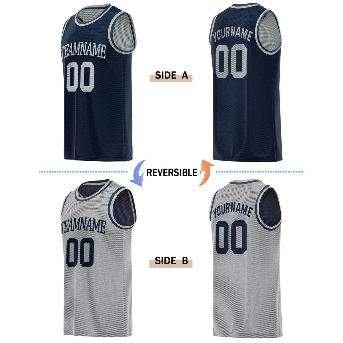 Custom Reversible Navy & Gray Basketball Jersey | Personalized for Team Sports - Vosoli