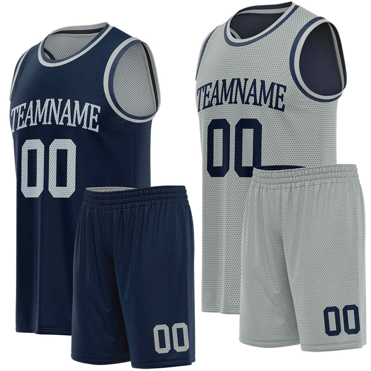 Custom reversible navy blue & light gray basketball uniform set, personalized team name number logo breathable mesh sports jersey and shorts for men women youth game practice - Vosoli