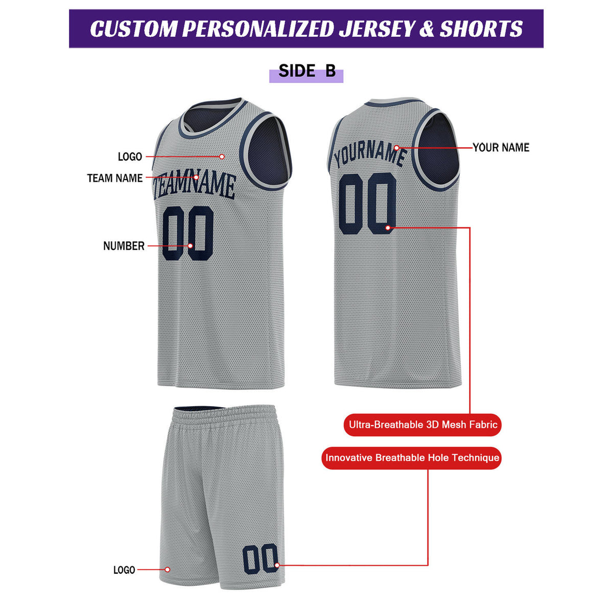 Custom Reversible Navy & Gray Basketball Uniform Set | Personalized for Team Sports Practice - Vosoli