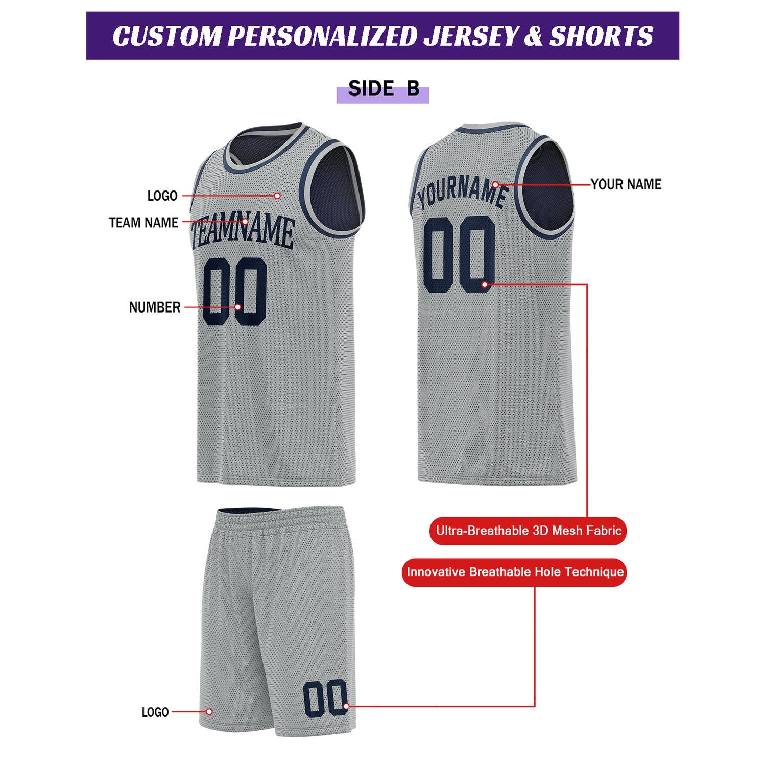 Custom Reversible Navy & Gray Basketball Uniform Set | Personalized for Team Sports Practice - Vosoli