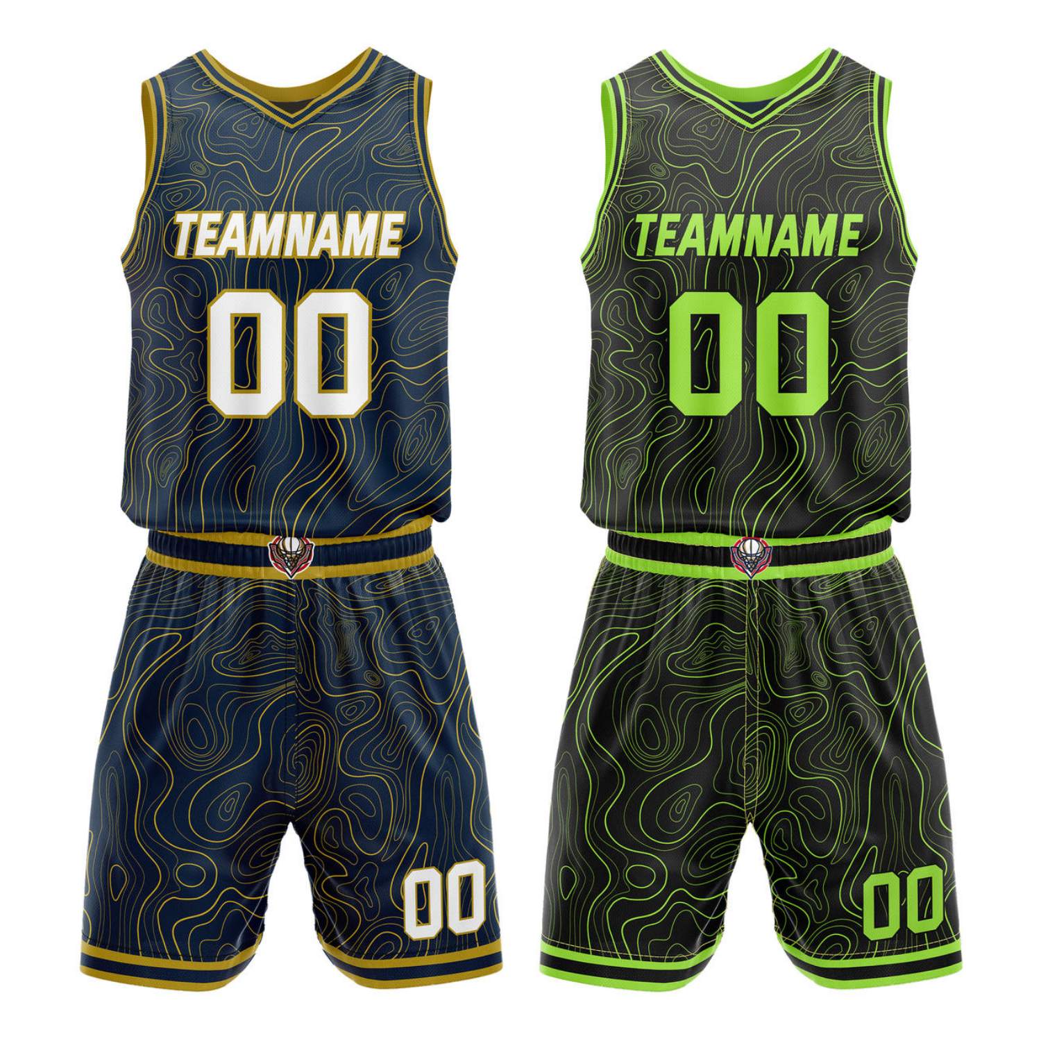 Custom Reversible Navy & Neon Green Wave Basketball Jersey Set - Personalized Team Name, Number & LOGO | Vosoli