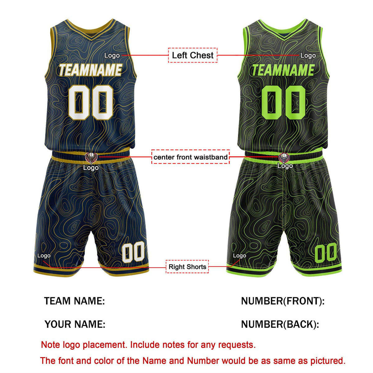 Custom Reversible Navy & Neon Green Wave Basketball Jersey Set - Personalized Team Name, Number & LOGO | Vosoli