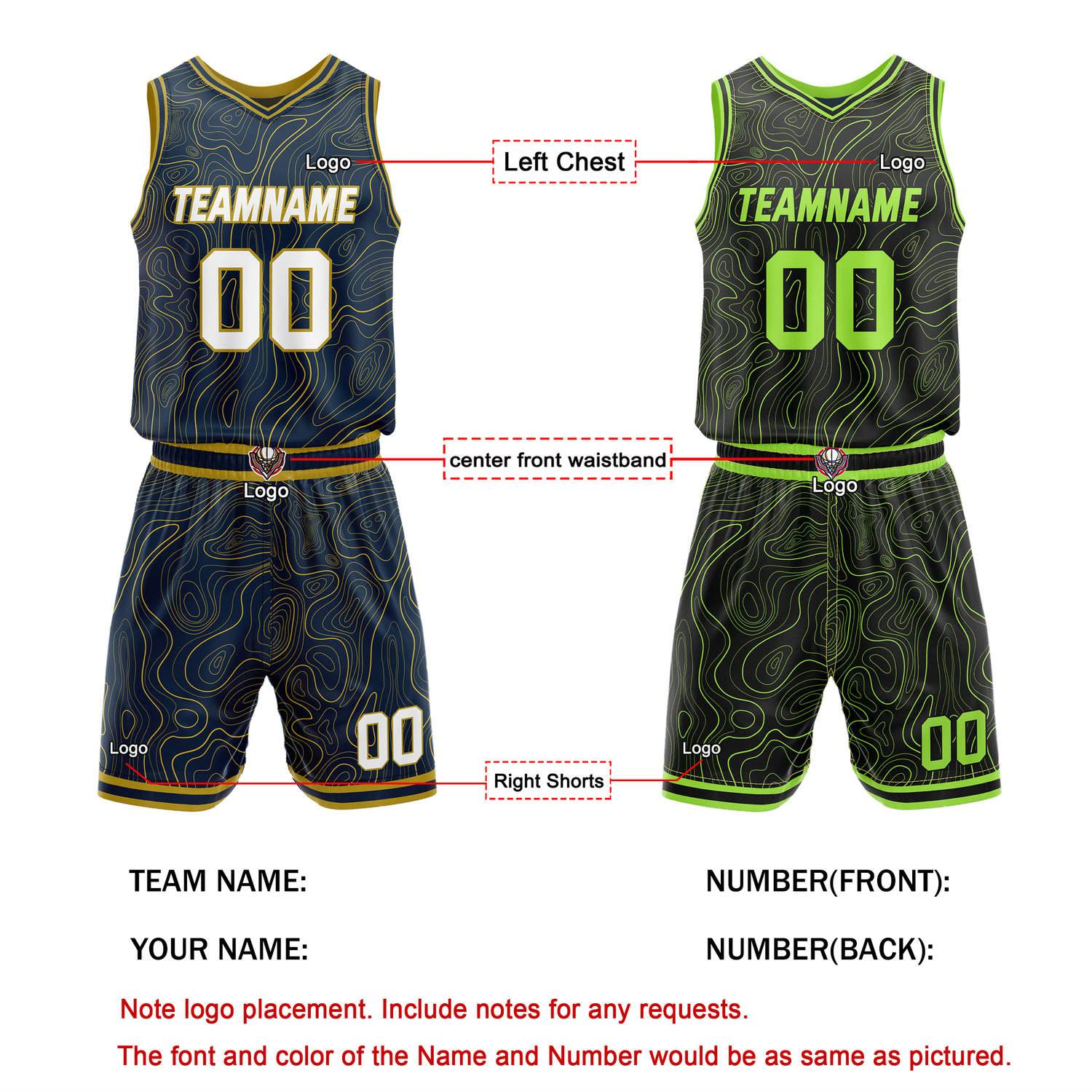 Custom Reversible Navy & Neon Green Wave Basketball Jersey Set - Personalized Team Name, Number & LOGO | Vosoli