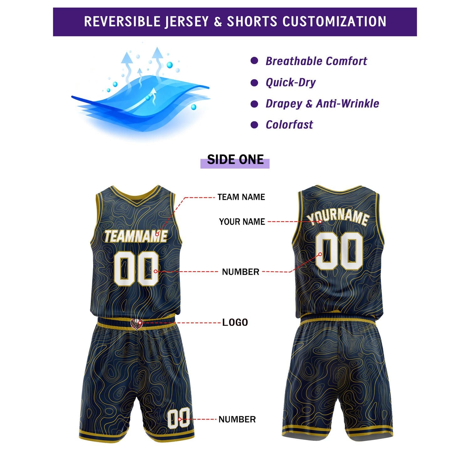 Custom Reversible Navy & Neon Green Wave Basketball Jersey Set - Personalized Team Name, Number & LOGO | Vosoli