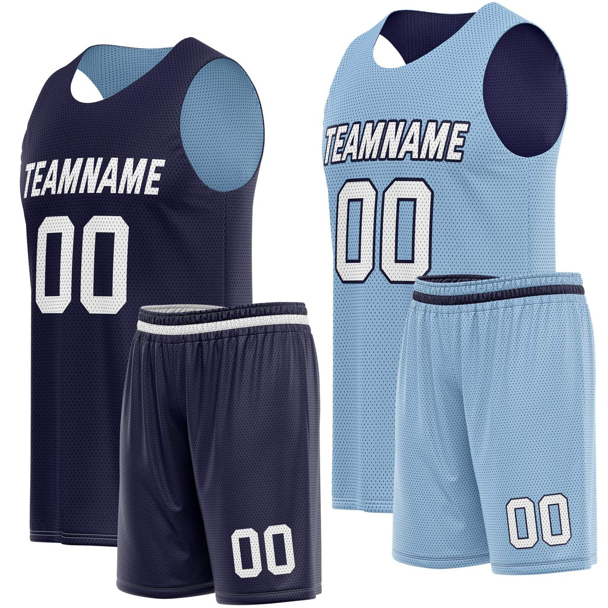 Custom Reversible Navy Light Blue Basketball Jersey Shorts Set, Personalized Team Name Number Breathable Mesh Uniform for Men Women Youth
