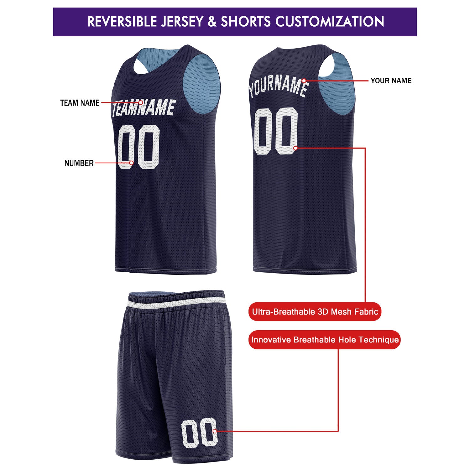Custom Reversible Navy Light Blue Basketball Jersey Shorts Set, Personalized Team Name Number Breathable Mesh Uniform for Men Women Youth