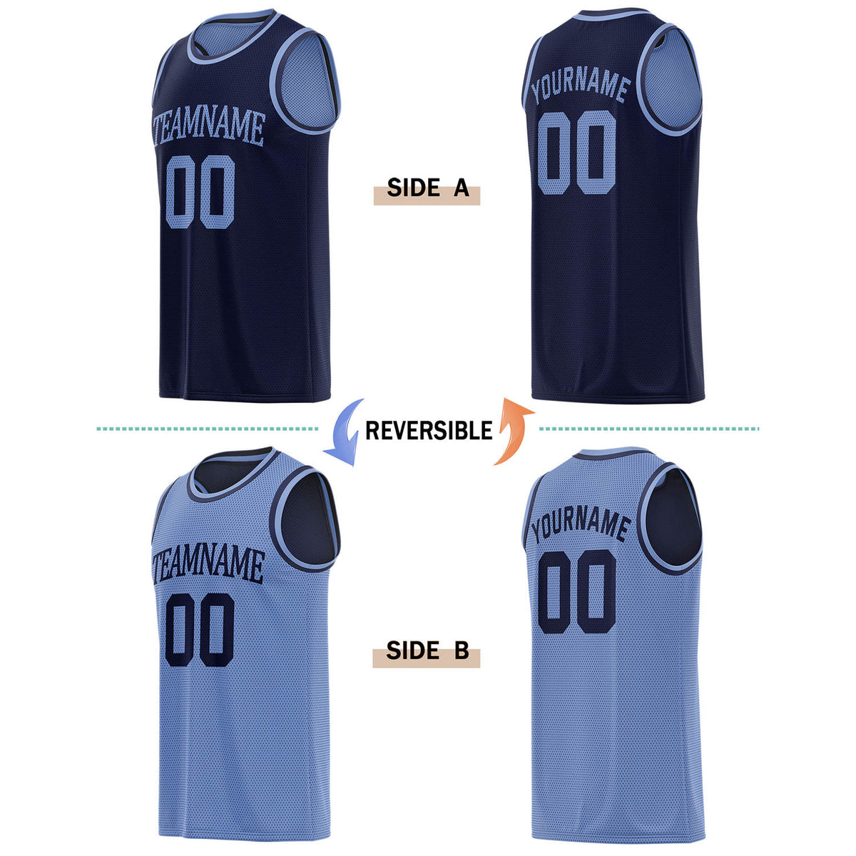 Custom Reversible Navy & Light Blue Basketball Jersey | Personalized for Team Sports - Vosoli