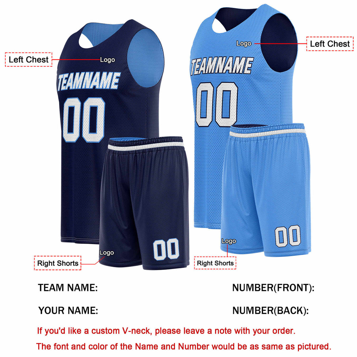 Custom Reversible Navy Light Blue Basketball Uniform Set | Team Name & Number - Vosoli