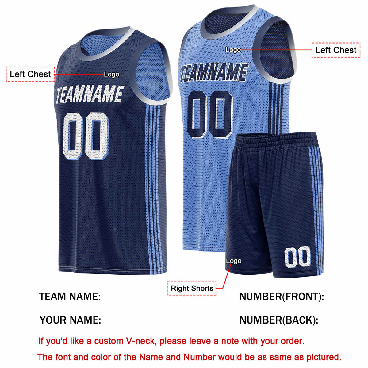 Custom Reversible Navy Light Blue Basketball Uniform Set | Team & Player Name - Vosoli