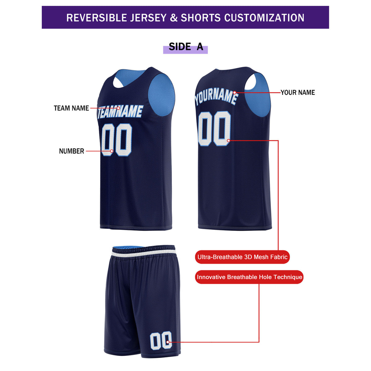 Custom Reversible Navy Light Blue Basketball Uniform Set | Team Name & Number - Vosoli