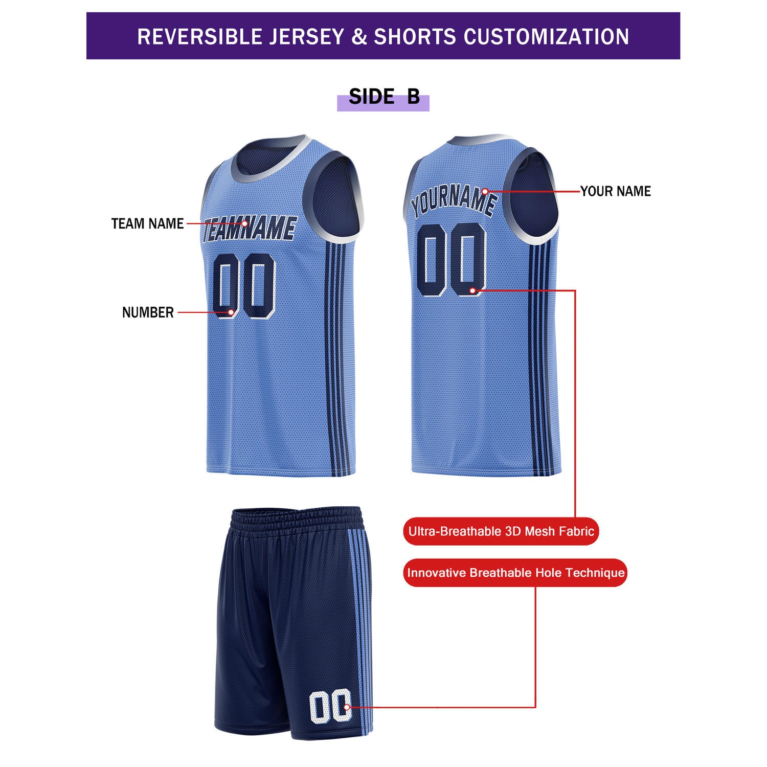 Custom Reversible Navy Light Blue Basketball Uniform Set | Team & Player Name - Vosoli
