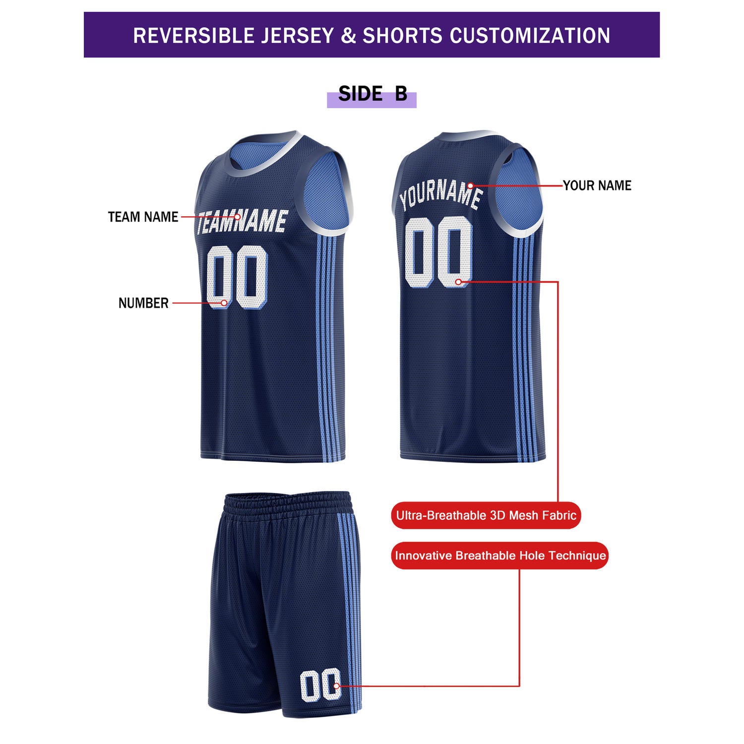 Custom Reversible Navy Light Blue Basketball Uniform Set | Team & Player Name - Vosoli