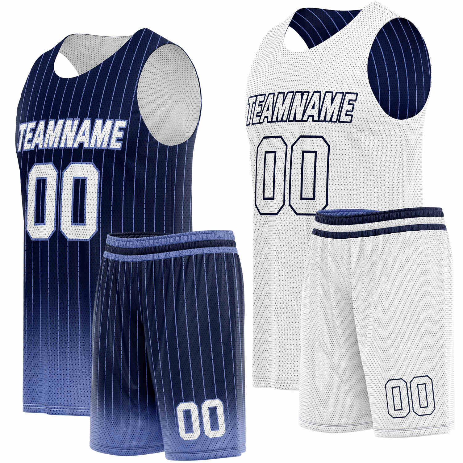 Custom Reversible Basketball Jersey + Shorts Set (Navy & Light Blue & White Stripe) - Personalized Team Name, Number & LOGO | Vosoli