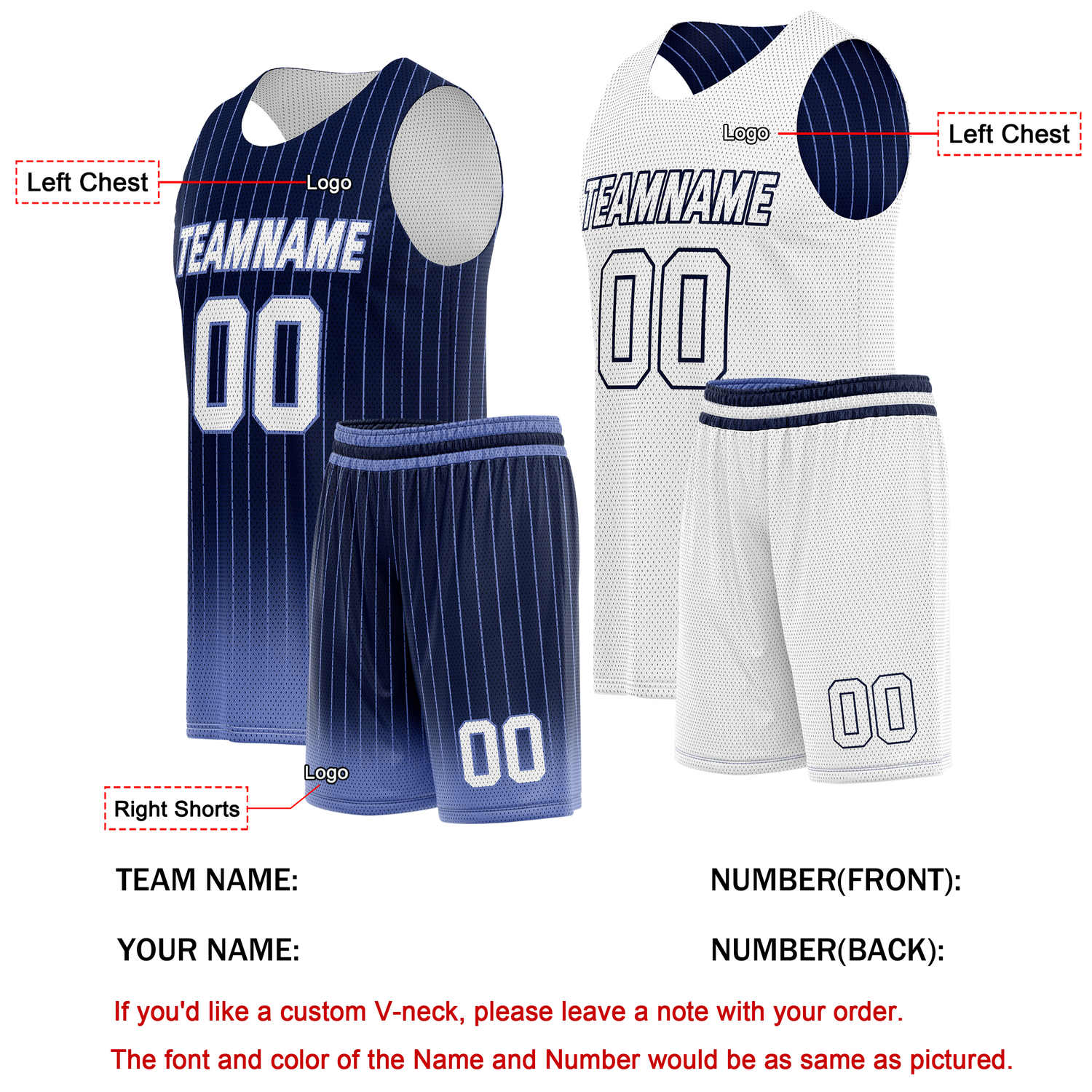 Custom Reversible Basketball Jersey + Shorts Set (Navy & Light Blue & White Stripe) - Personalized Team Name, Number & LOGO | Vosoli