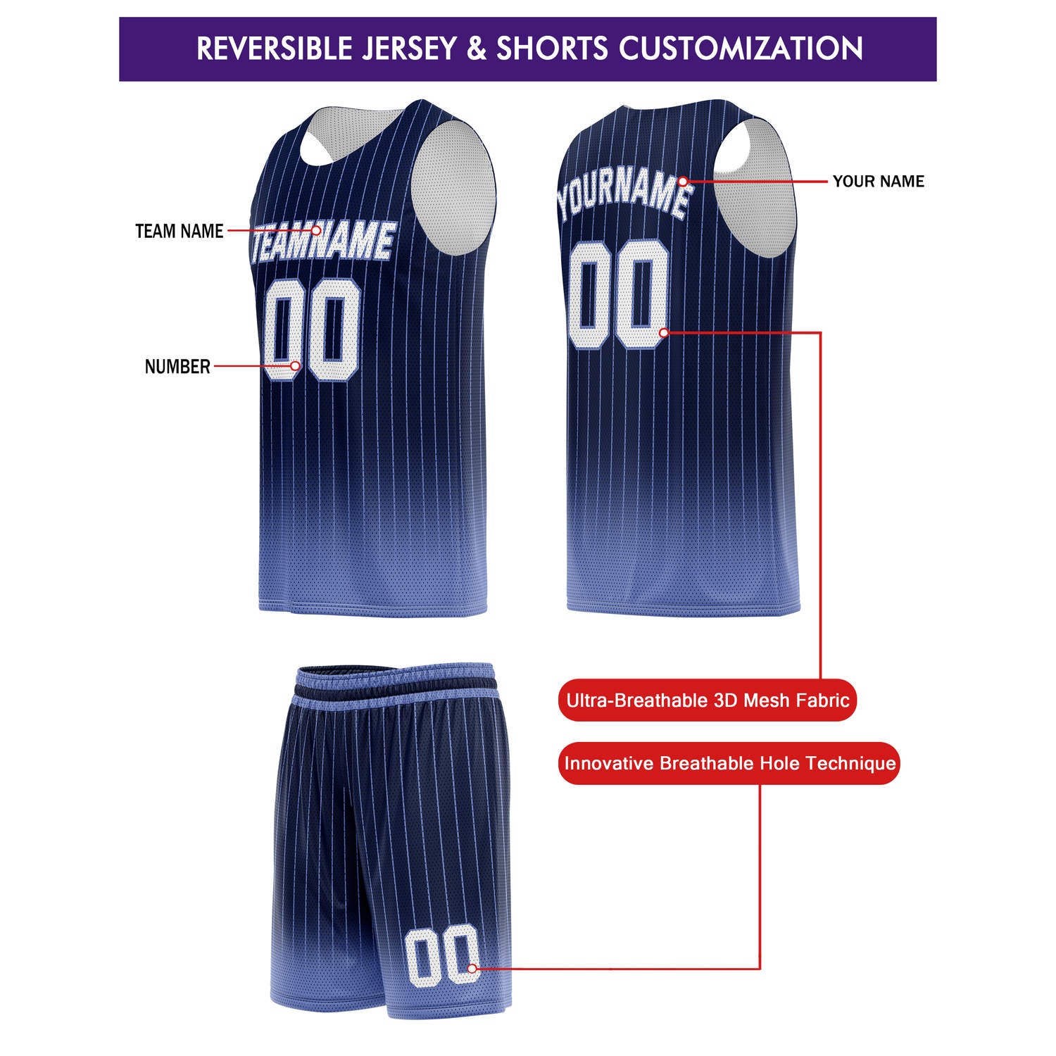 Custom Reversible Basketball Jersey + Shorts Set (Navy & Light Blue & White Stripe) - Personalized Team Name, Number & LOGO | Vosoli