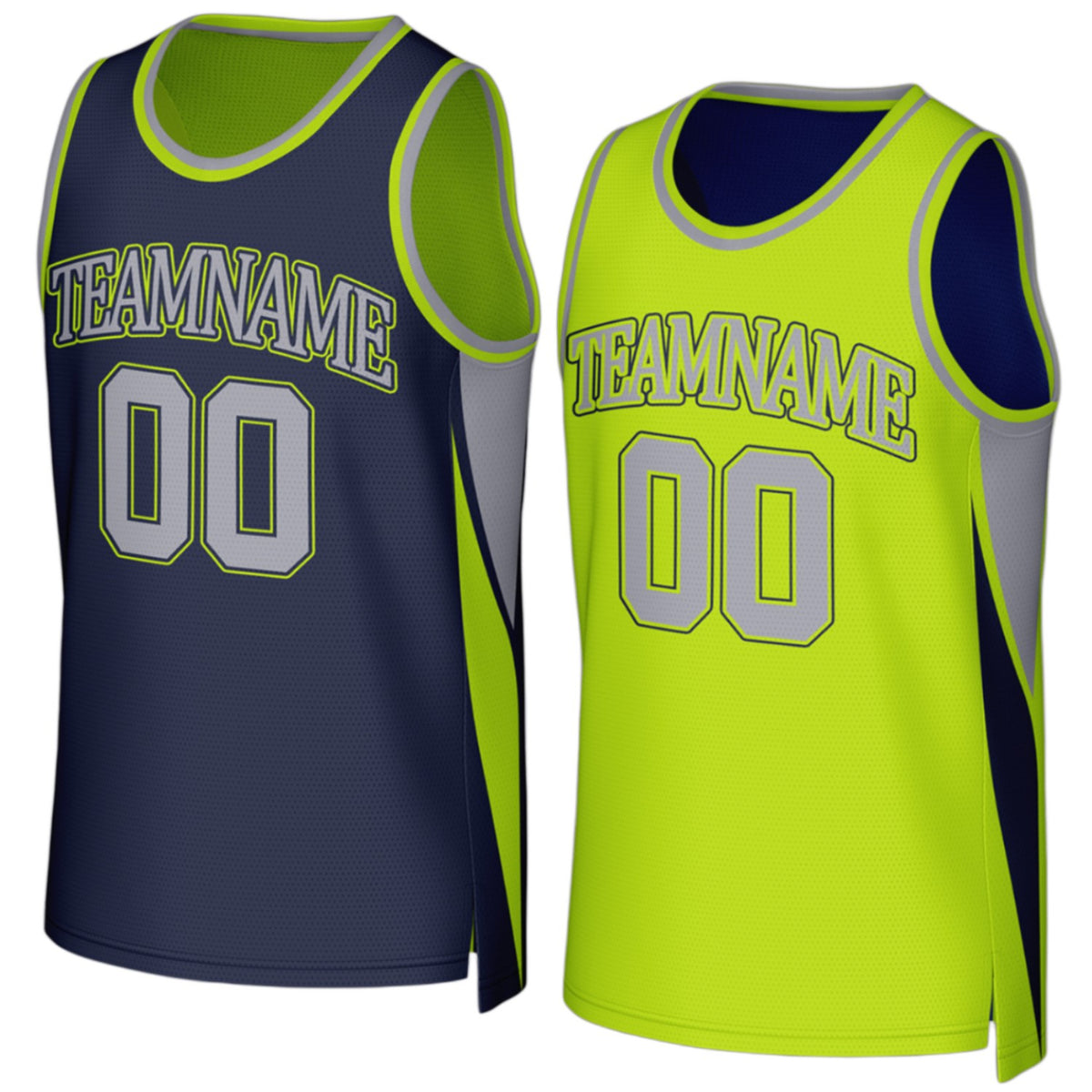 Custom navy and neon green reversible basketball jersey for school teams by Vosoli with personalized team name, number and logo on both sides, breathable mesh 2‑in‑1 jersey for high school, college and AAU teams