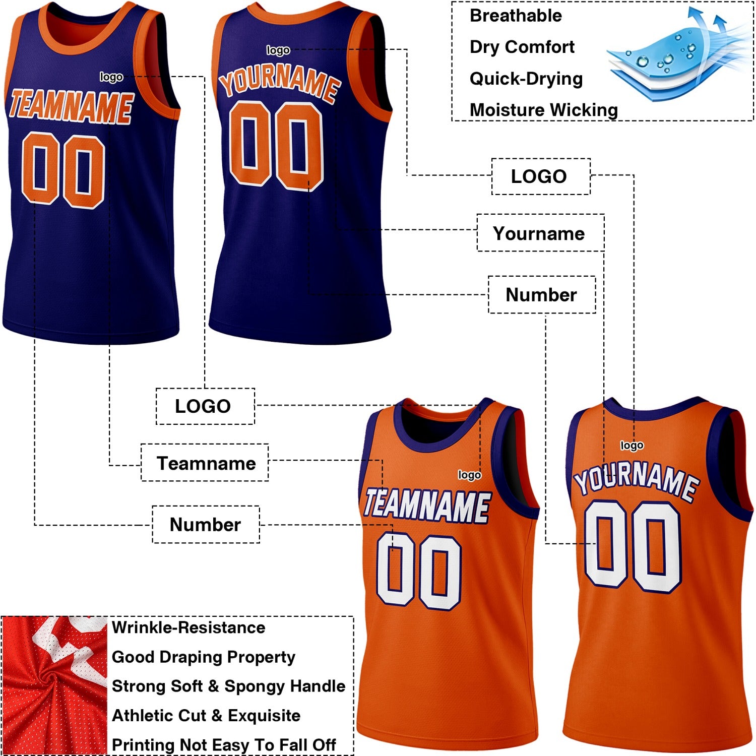 Custom Reversible Navy & Orange Basketball Jersey | Personalized Team Jersey | Vosoli