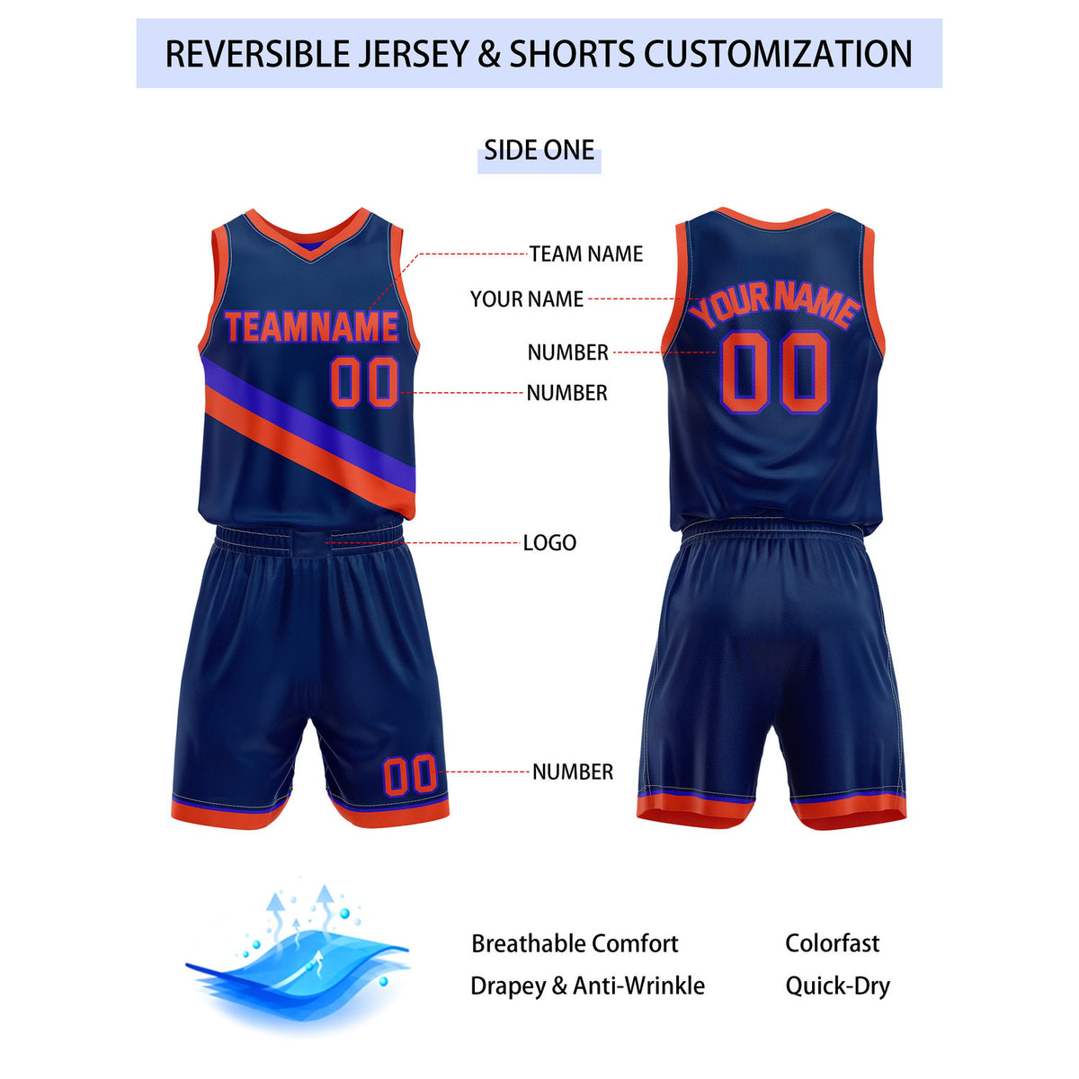 Custom Reversible Navy Purple Orange Basketball Uniform Set | Team & Player Name - Vosoli