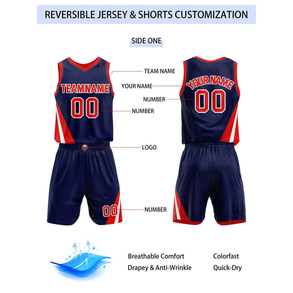 Custom Reversible Navy Red Basketball Uniform Set | Team & Player Name - Vosoli