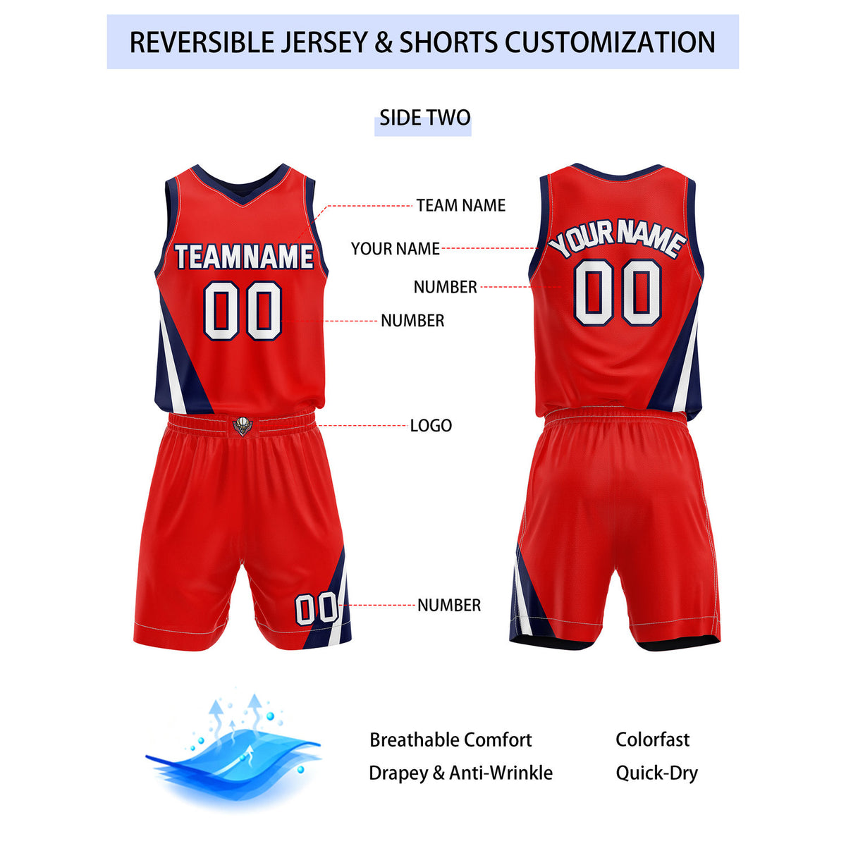 Custom Reversible Navy Red Basketball Uniform Set | Team & Player Name - Vosoli