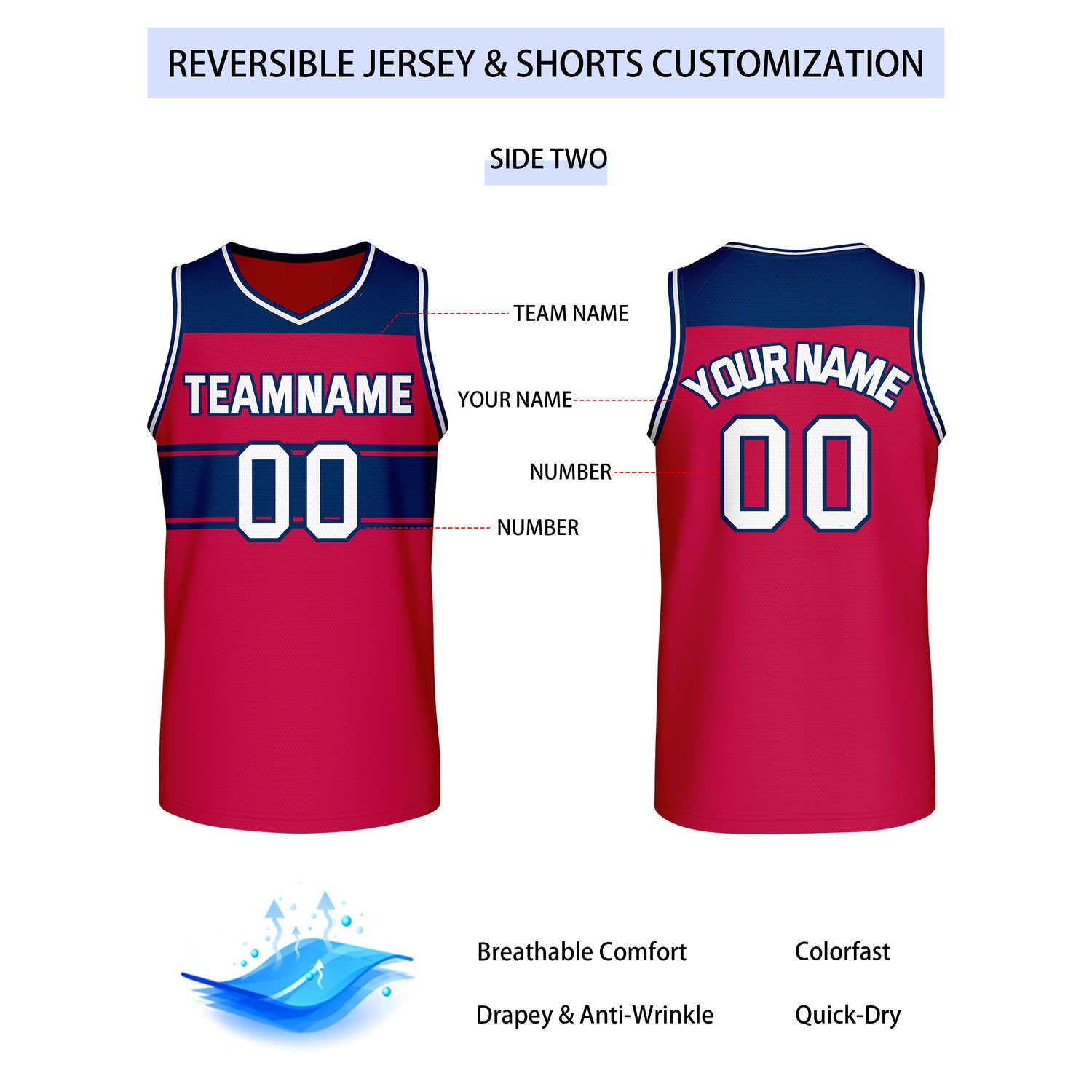 Custom Reversible Navy Red Block Basketball Jersey | Team & Player Name - Vosoli