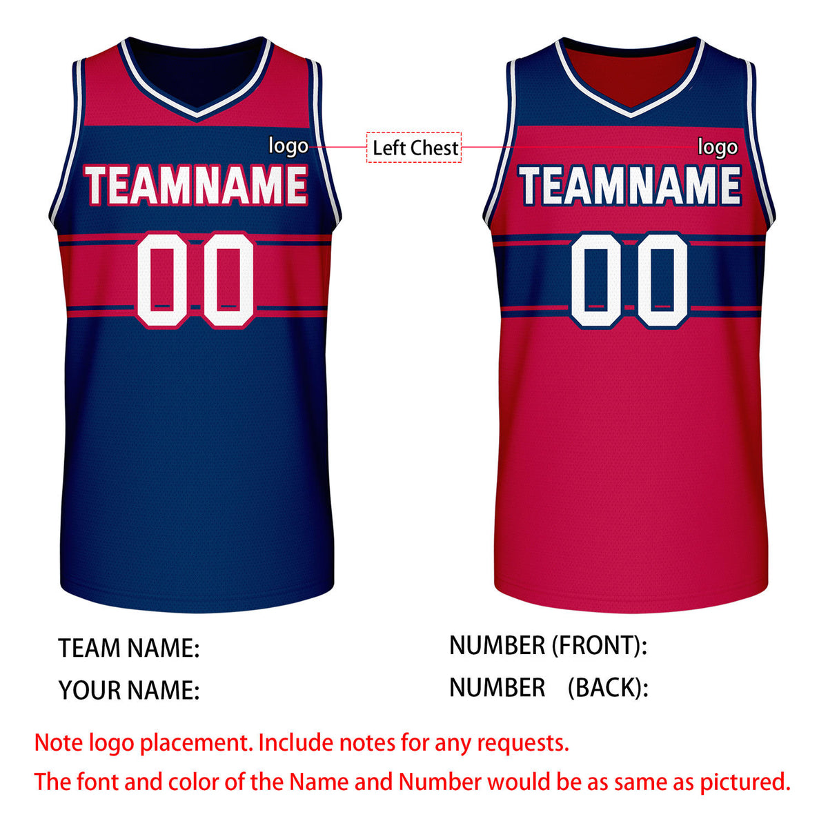 Custom Reversible Navy Red Block Basketball Jersey | Team & Player Name - Vosoli