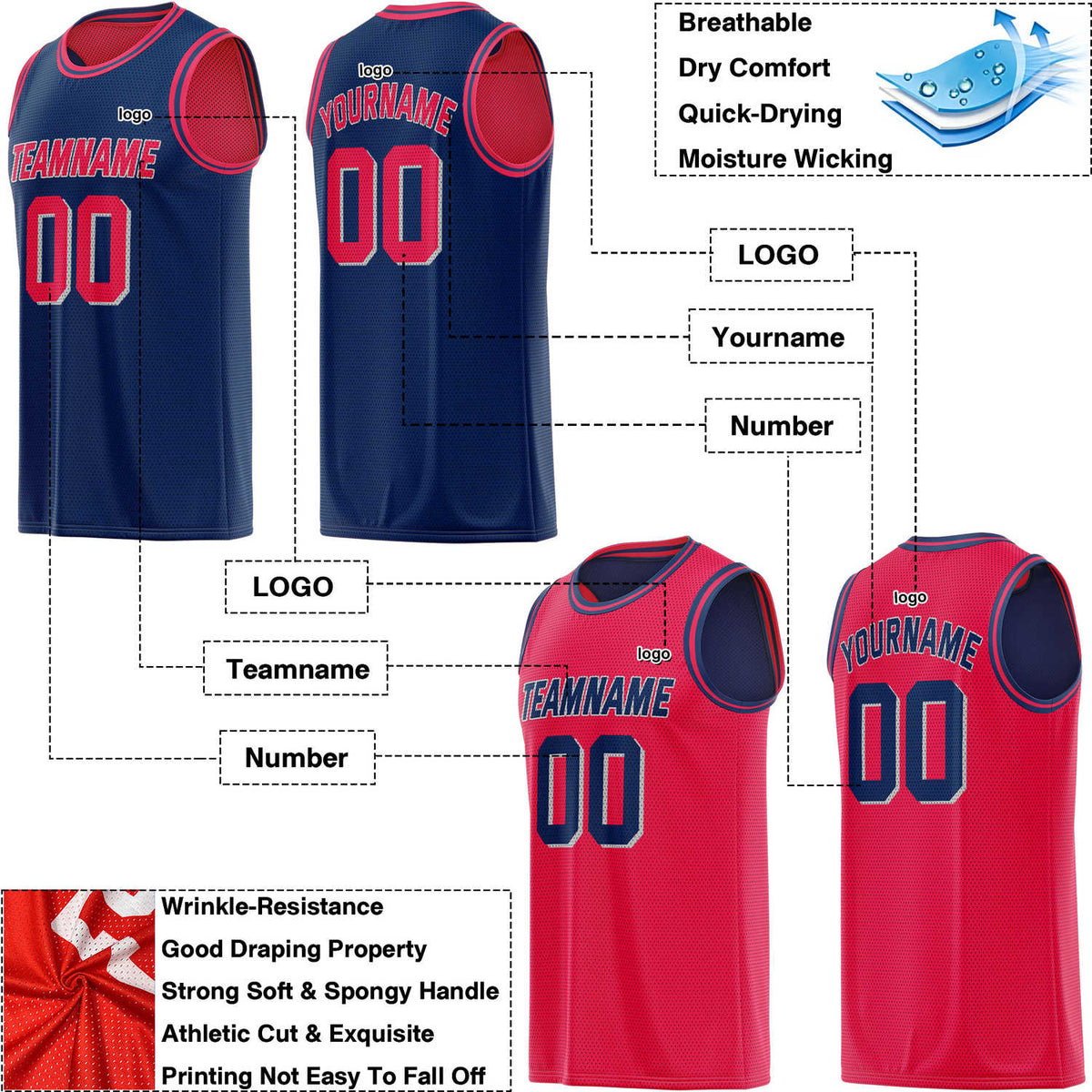 Custom Reversible Navy & Red Mesh Basketball Jersey | Personalized Team Jersey | Vosoli