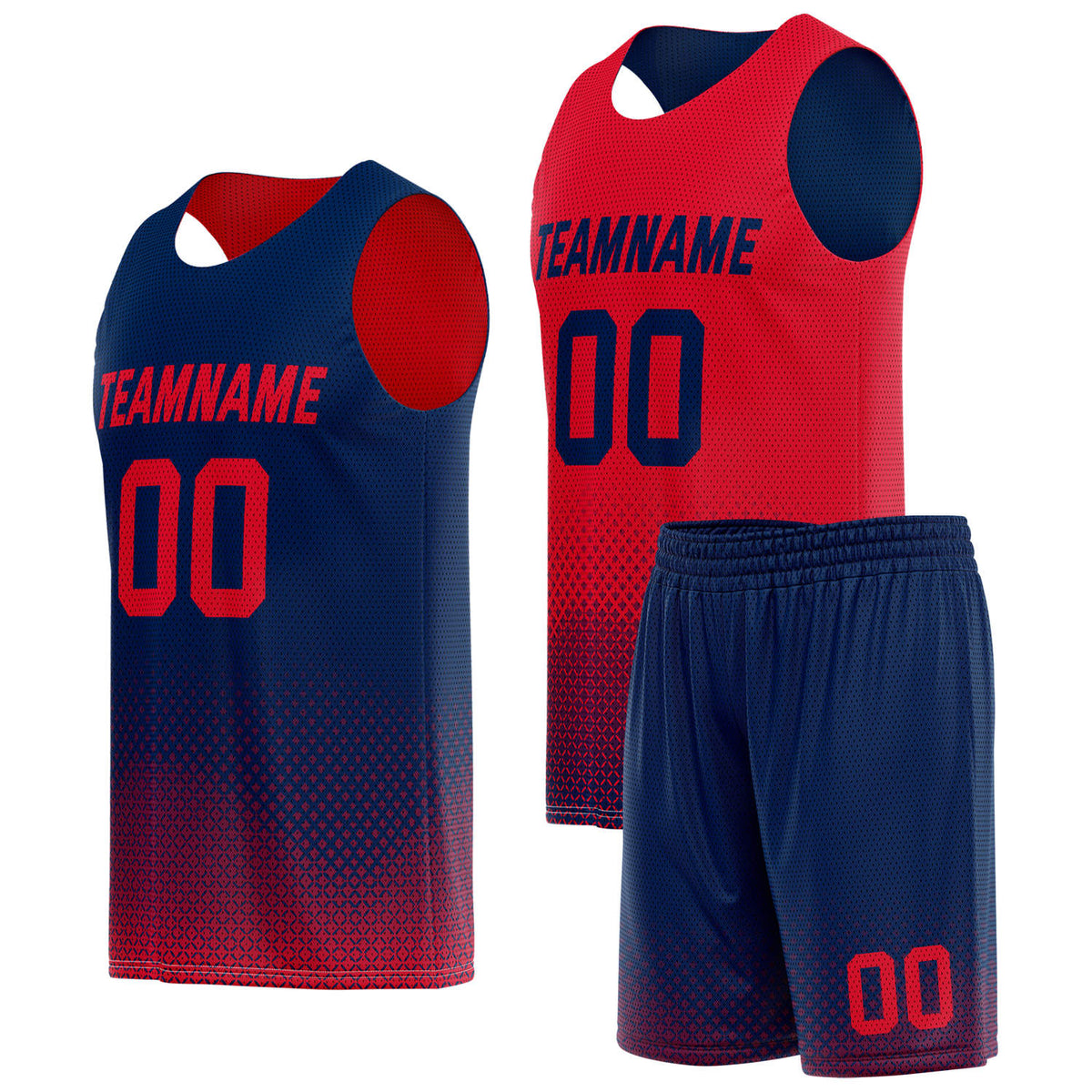 Custom reversible navy red basketball uniform, personalized team name number logo breathable Mesh sports set for men women youth game practice wear - Vosoli