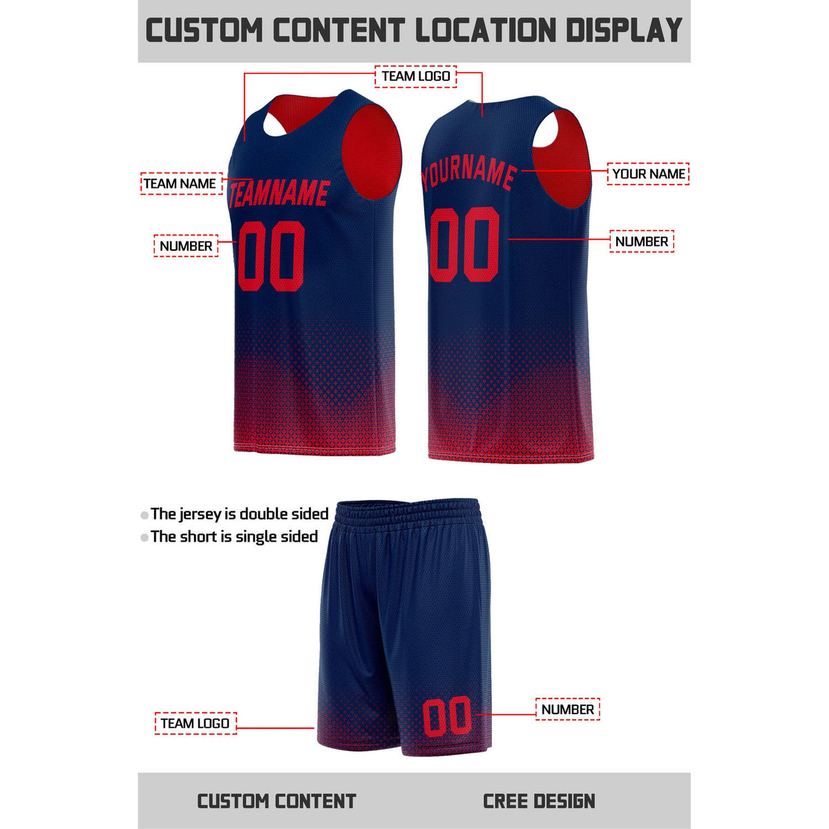 Custom Reversible Navy & Red Mesh Basketball Uniform | Personalized Team Set | Vosoli
