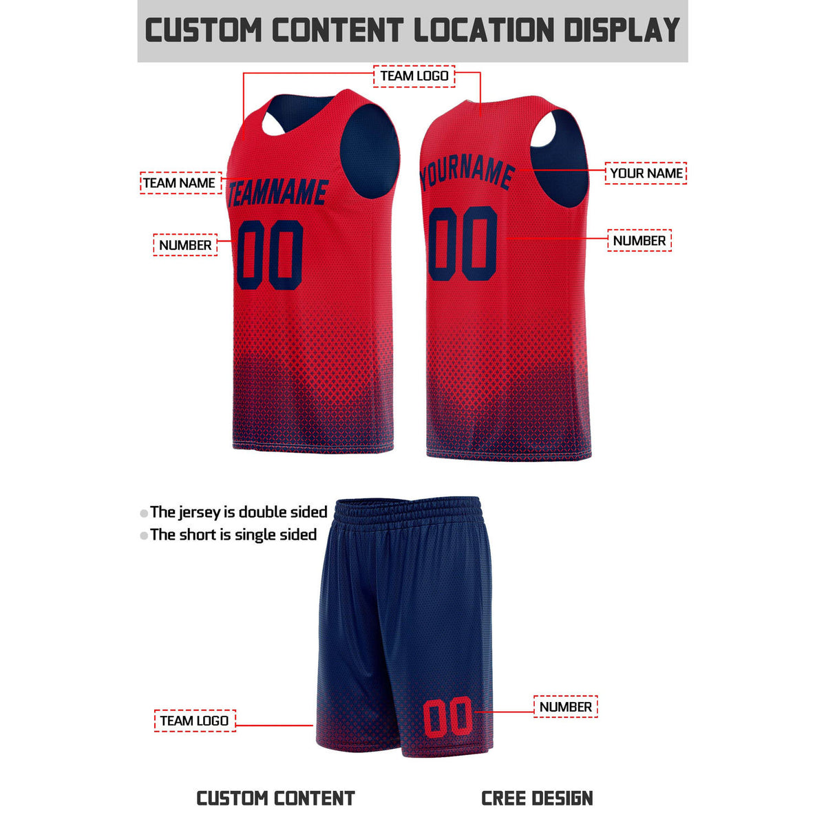 Custom Reversible Navy & Red Mesh Basketball Uniform | Personalized Team Set | Vosoli