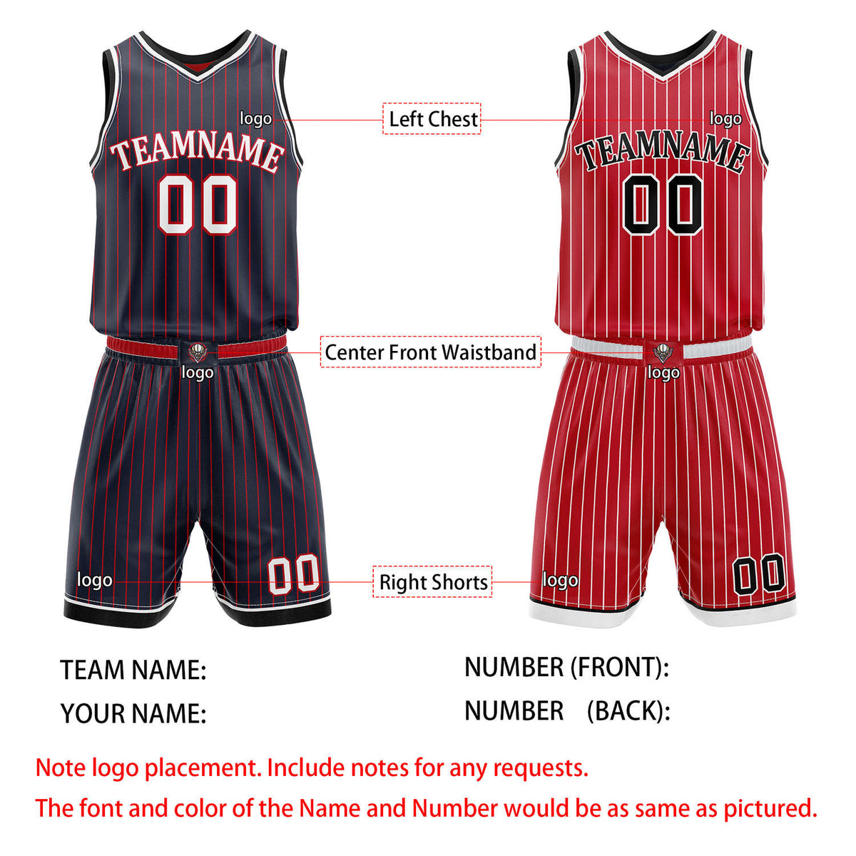 Custom Reversible Navy Red Striped Basketball Uniform Set | Team & Player Name - Vosoli