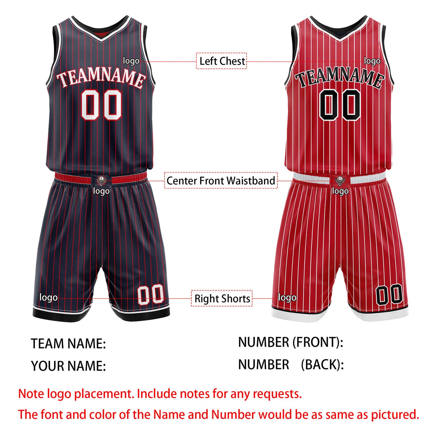 Custom Reversible Navy Red Striped Basketball Uniform Set | Team & Player Name - Vosoli