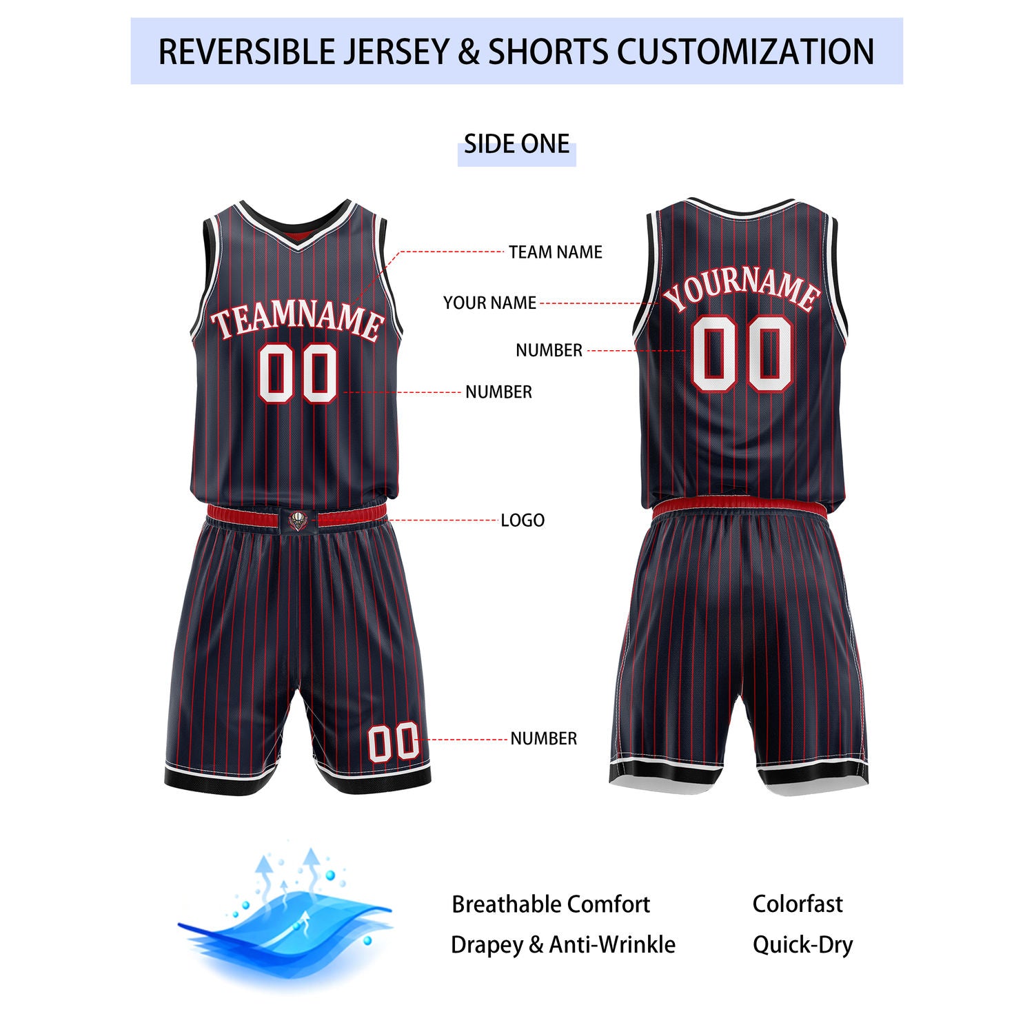 Custom Reversible Navy Red Striped Basketball Uniform Set | Team & Player Name - Vosoli