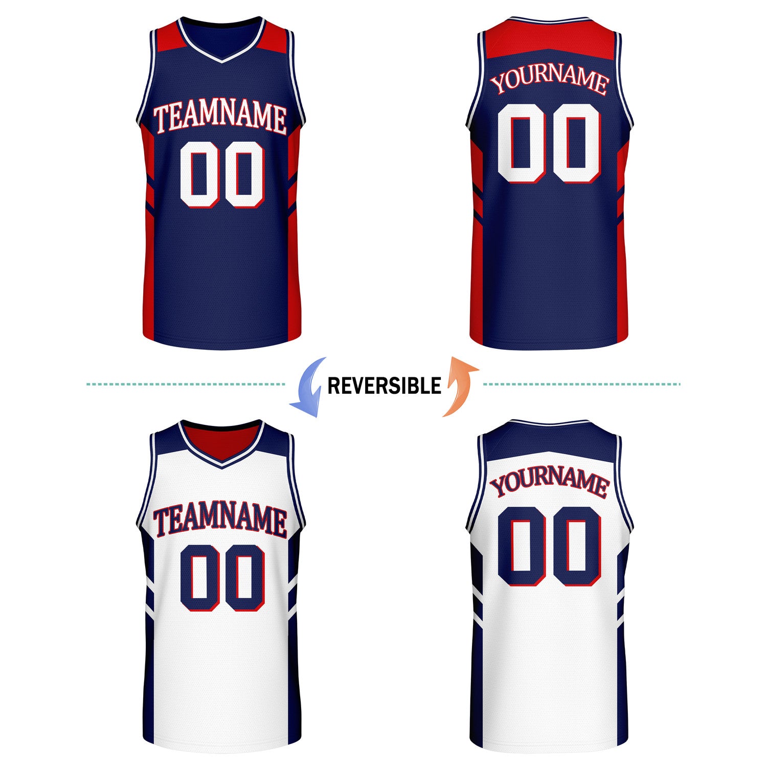 Custom Reversible Navy Red White Basketball Jersey | Personalized Team Jersey | Vosoli