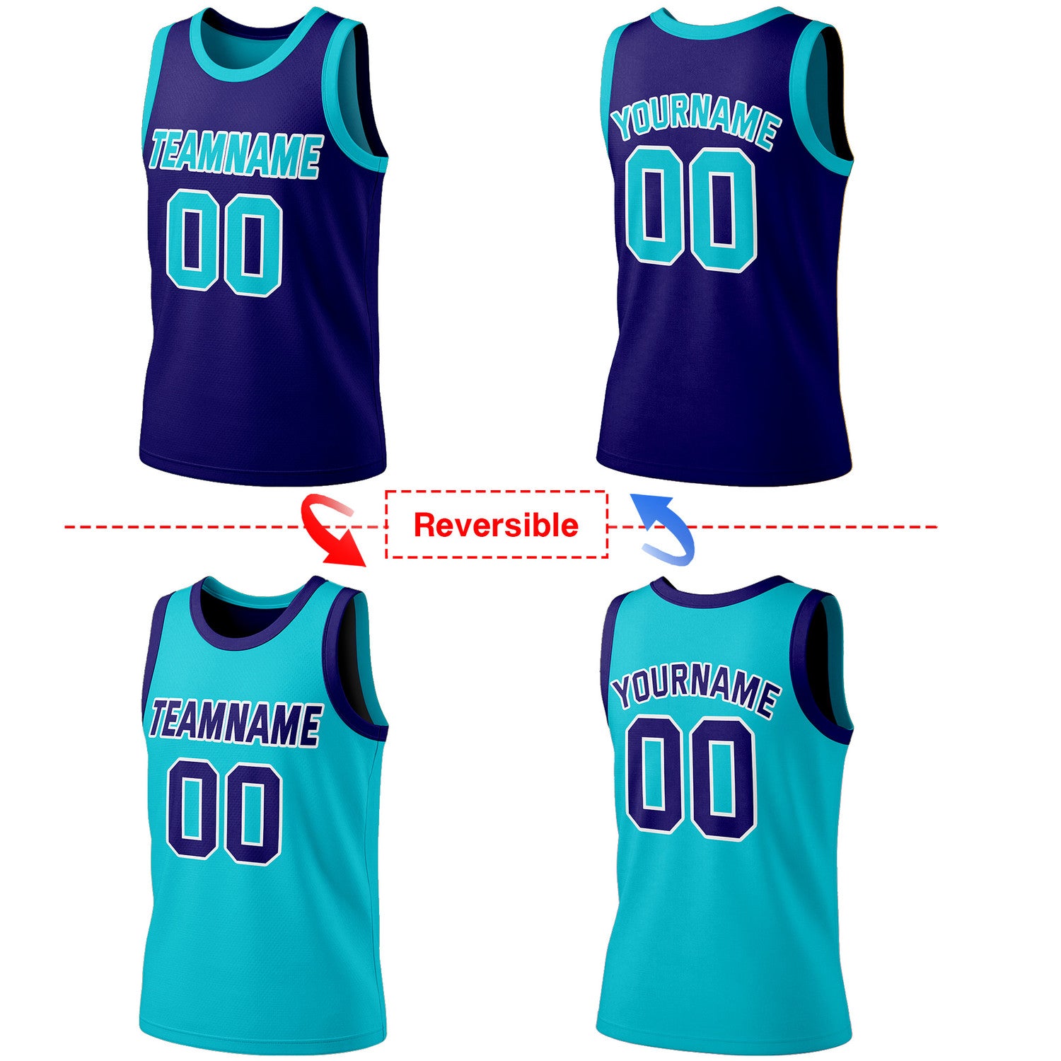 Custom reversible navy & teal basketball jersey, personalized team name number logo, breathable mesh fabric sports top for men women youth Adult game practice - Vosoli
