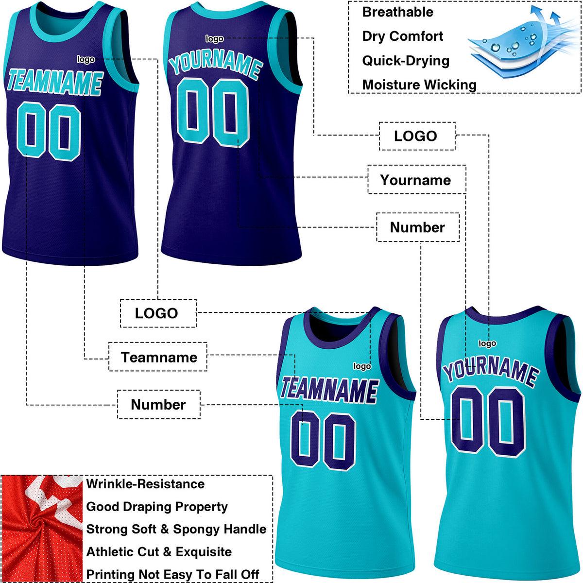 Custom Reversible Navy & Teal Basketball Jersey | Personalized Team Jersey | Vosoli