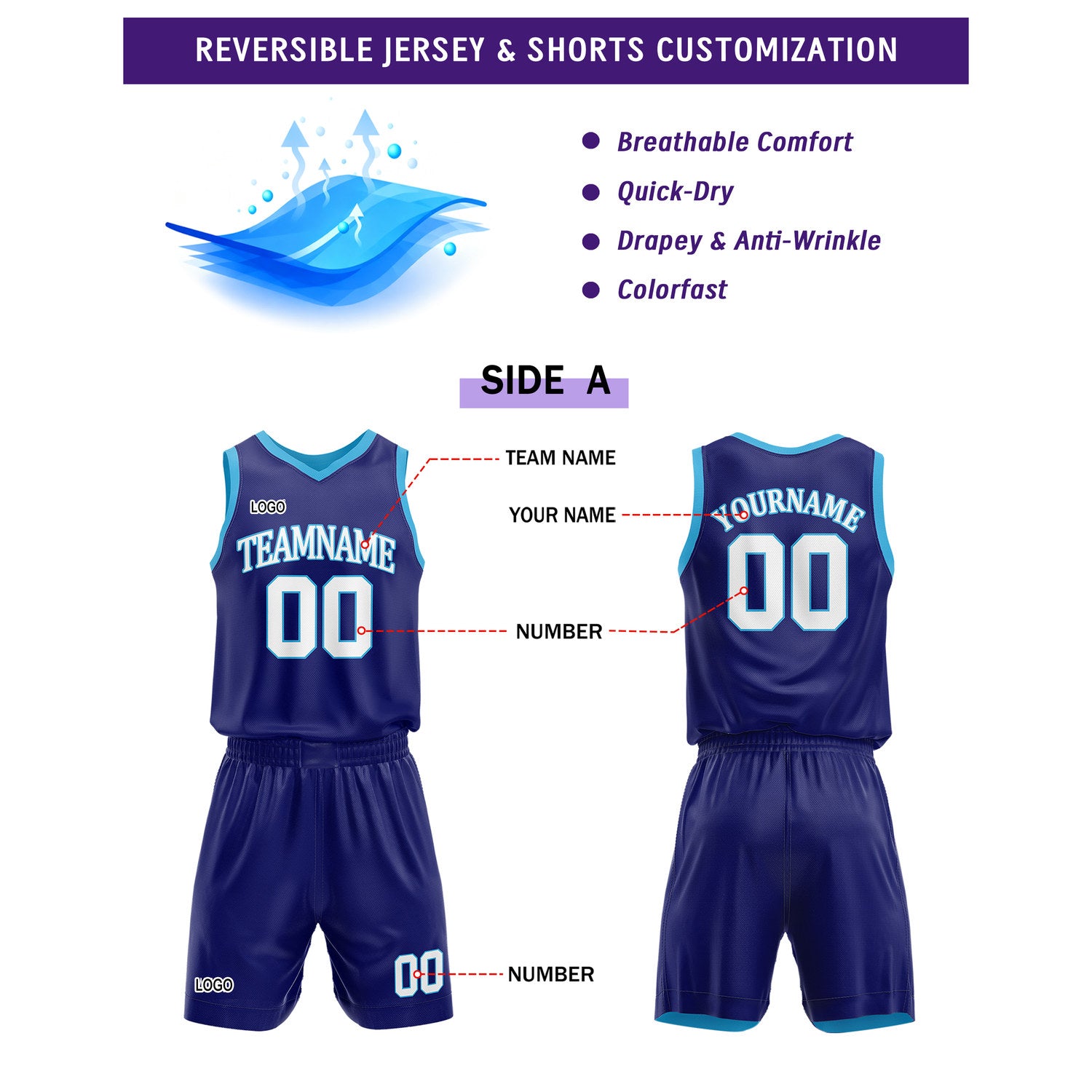 Custom reversible navy blue & light blue basketball uniform set, personalized with team name number and logo, sports jersey and shorts for men women youth game practice - Vosoli