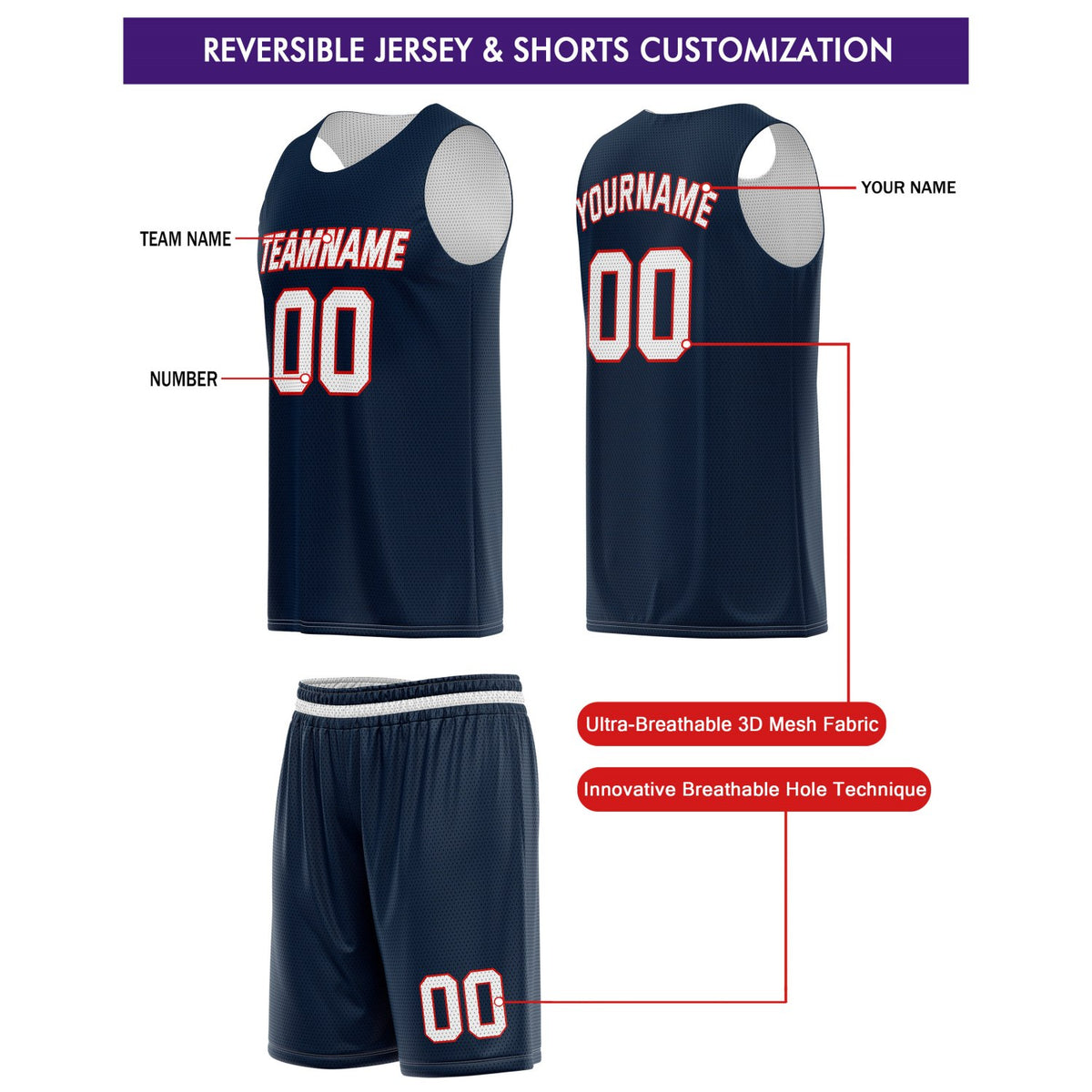 Custom Reversible Navy White Basketball Jersey & Shorts Set | Personalized Team Kit | Vosoli