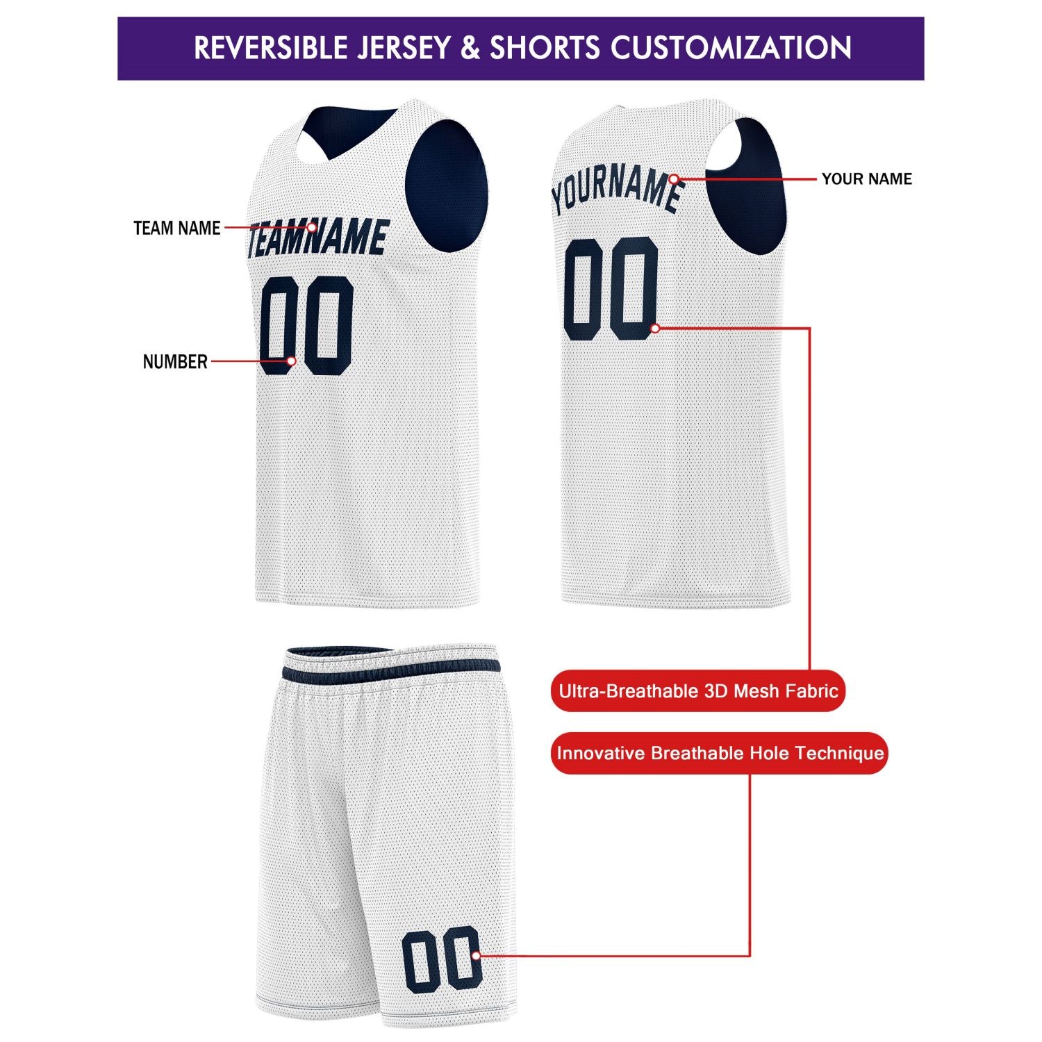 Custom Reversible Navy White Basketball Jersey & Shorts Set | Personalized Team Kit | Vosoli