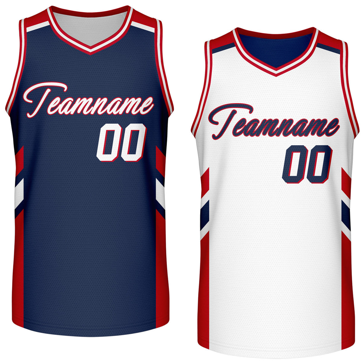 Custom reversible navy white basketball jersey, personalized team name number logo breathable mesh sports top for men women youth game practice wear - Vosoli