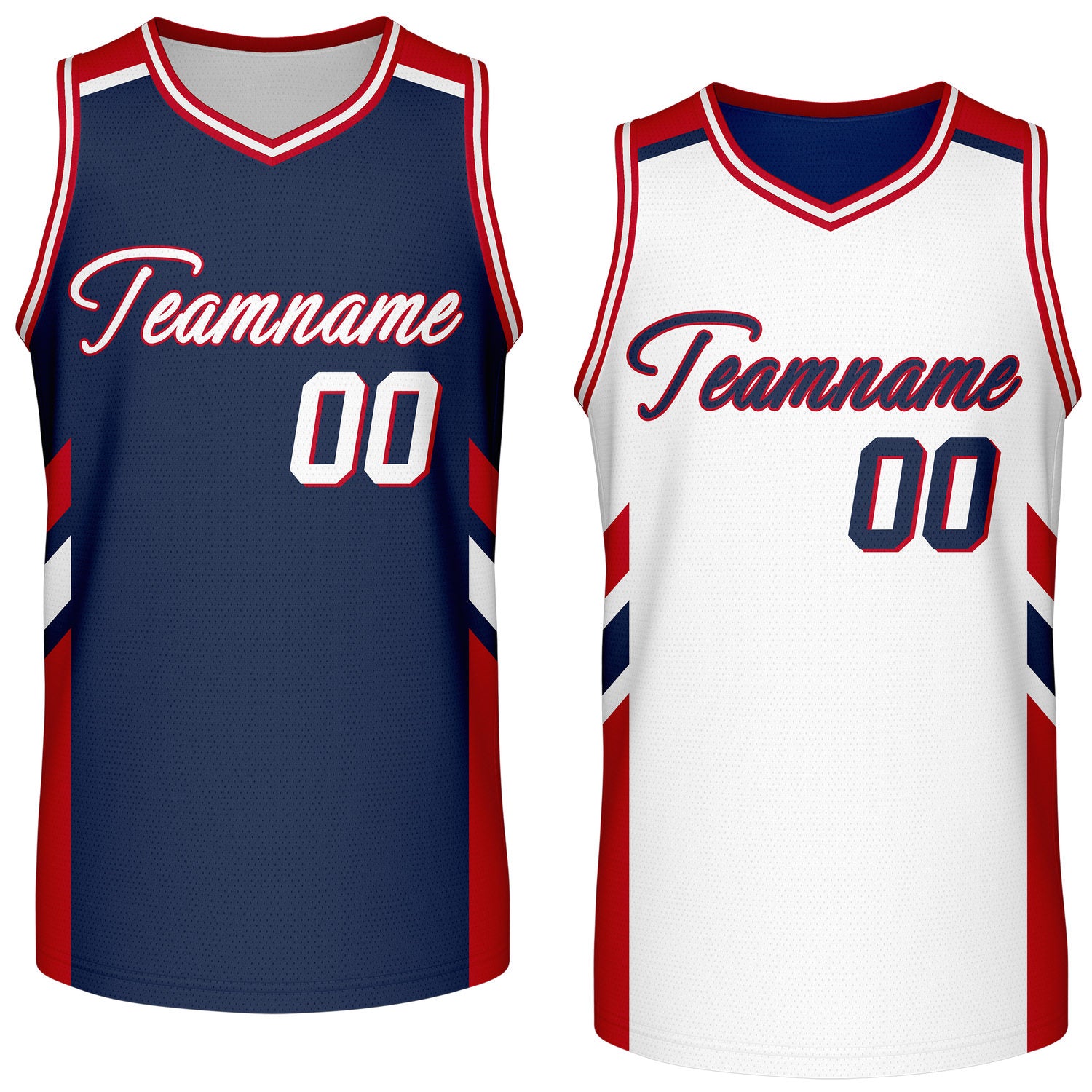Custom reversible navy white basketball jersey, personalized team name number logo breathable mesh sports top for men women youth game practice wear - Vosoli