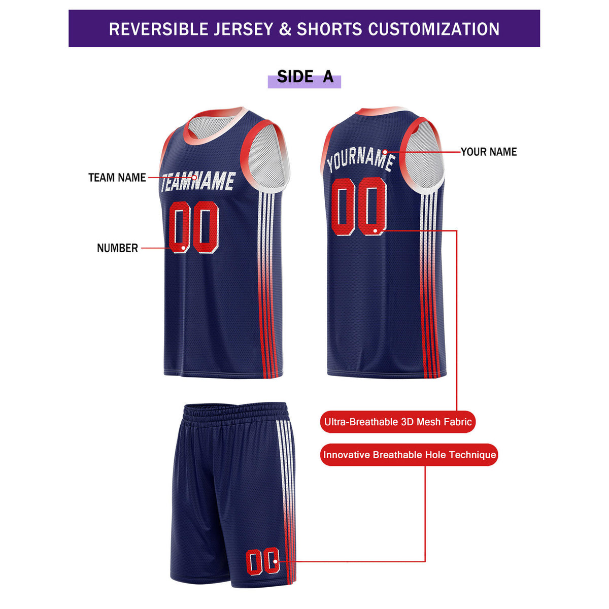 Custom Reversible Navy White Basketball Uniform Set | Team & Player Name - Vosoli