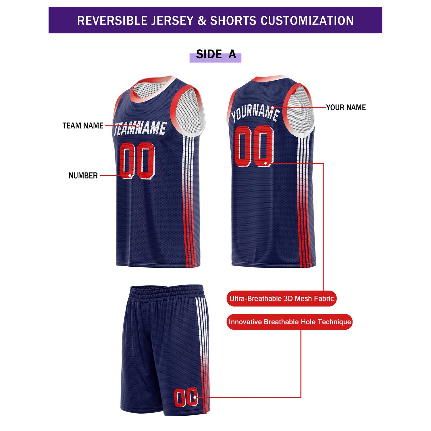 Custom Reversible Navy White Basketball Uniform Set | Team & Player Name - Vosoli