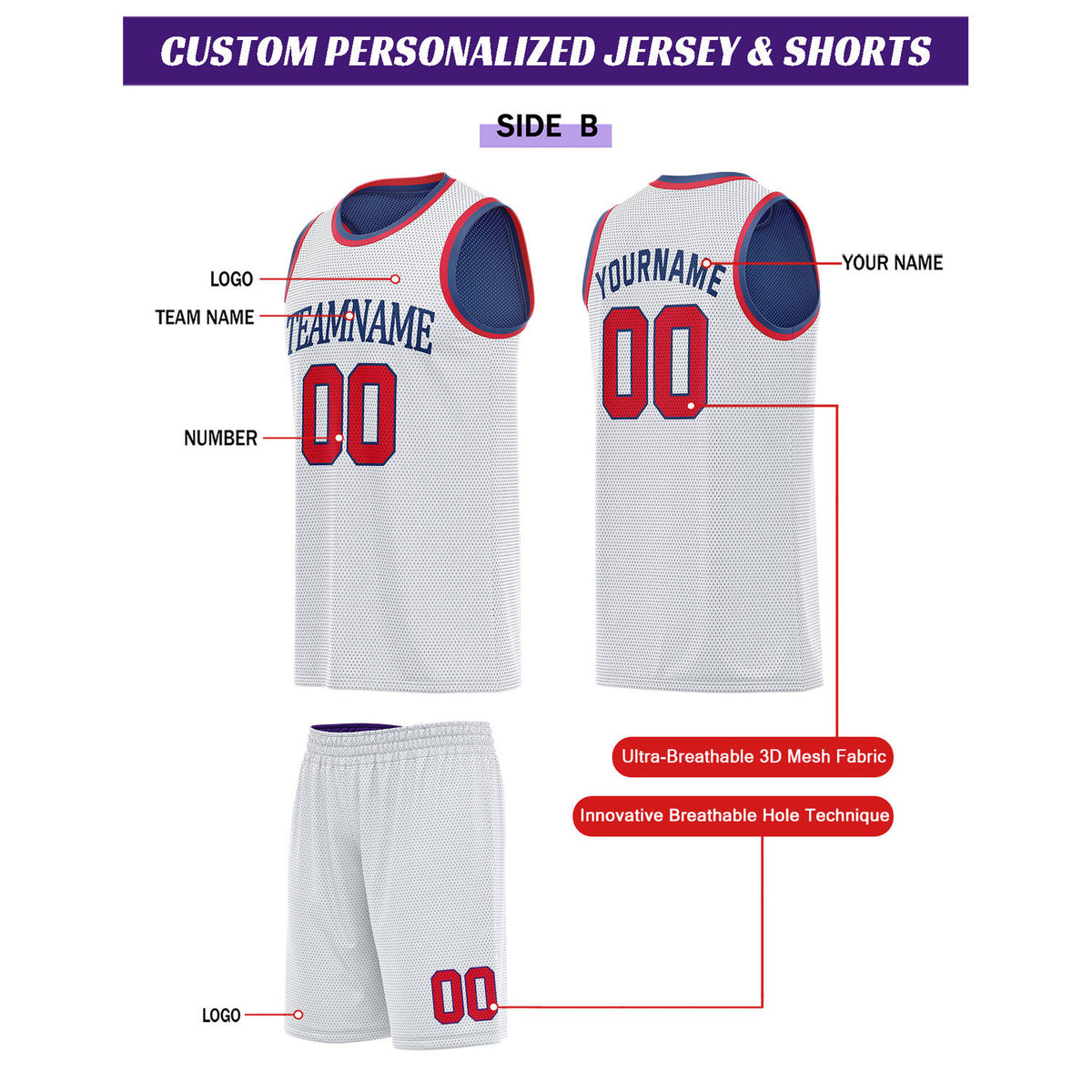 Custom Reversible Navy & White Basketball Uniform Set | Personalized for Team Sports Practice - Vosoli