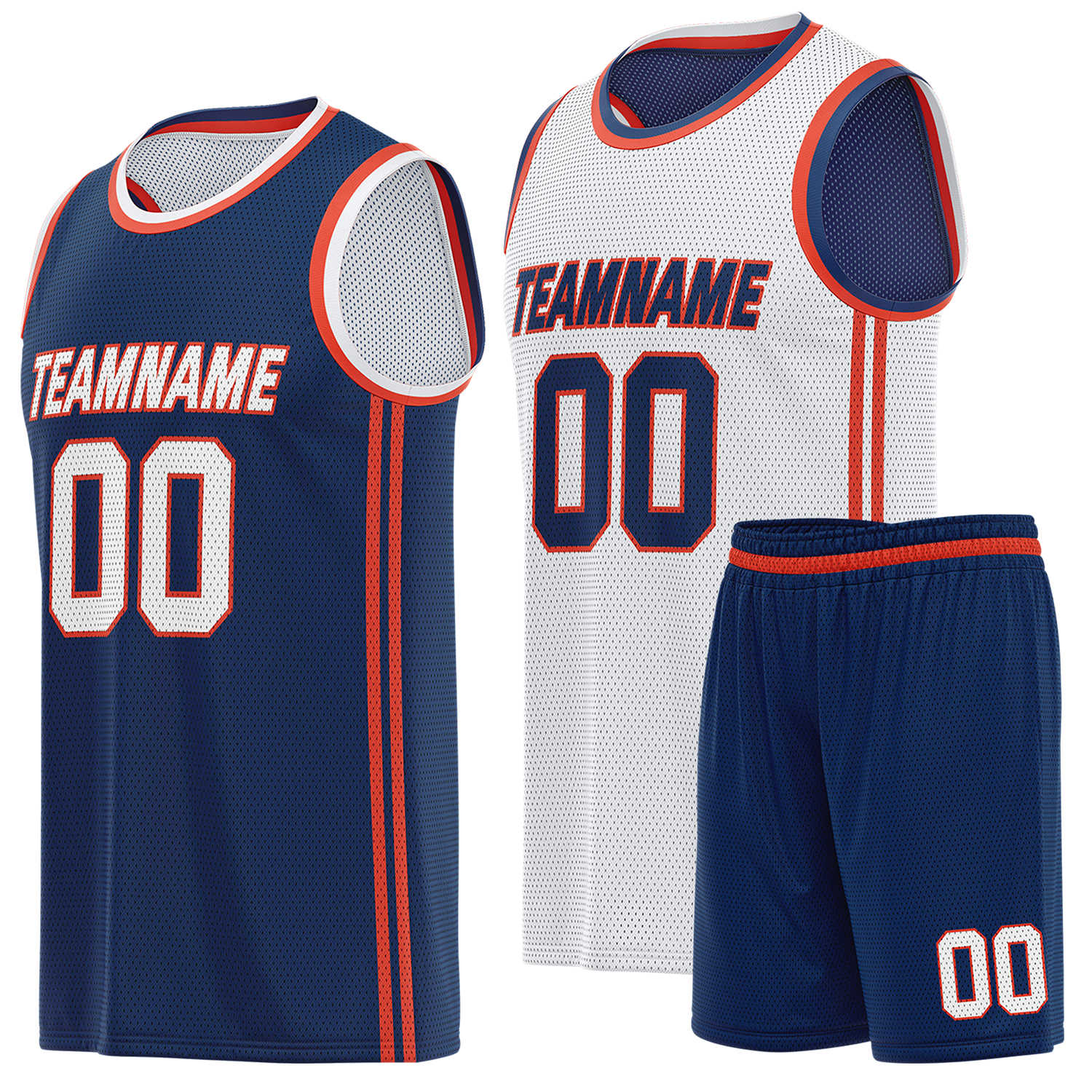 Custom reversible navy & white basketball uniform (jersey + shorts), personalized team name number logo breathable mesh sports set for men women youth game practice - Vosoli