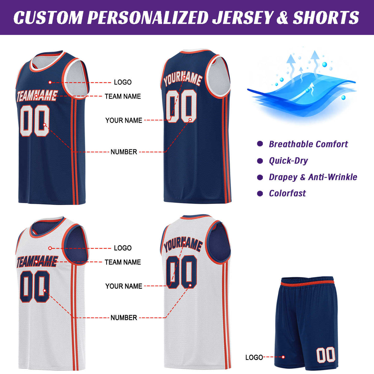Custom Reversible Navy & White Basketball Uniform | Jersey & Shorts Set - Vosoli