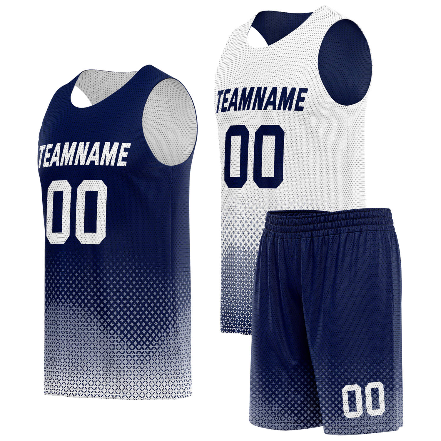 Custom reversible navy white basketball uniform, personalized team name number logo breathable Mesh sports set for men women youth game practice wear - Vosoli