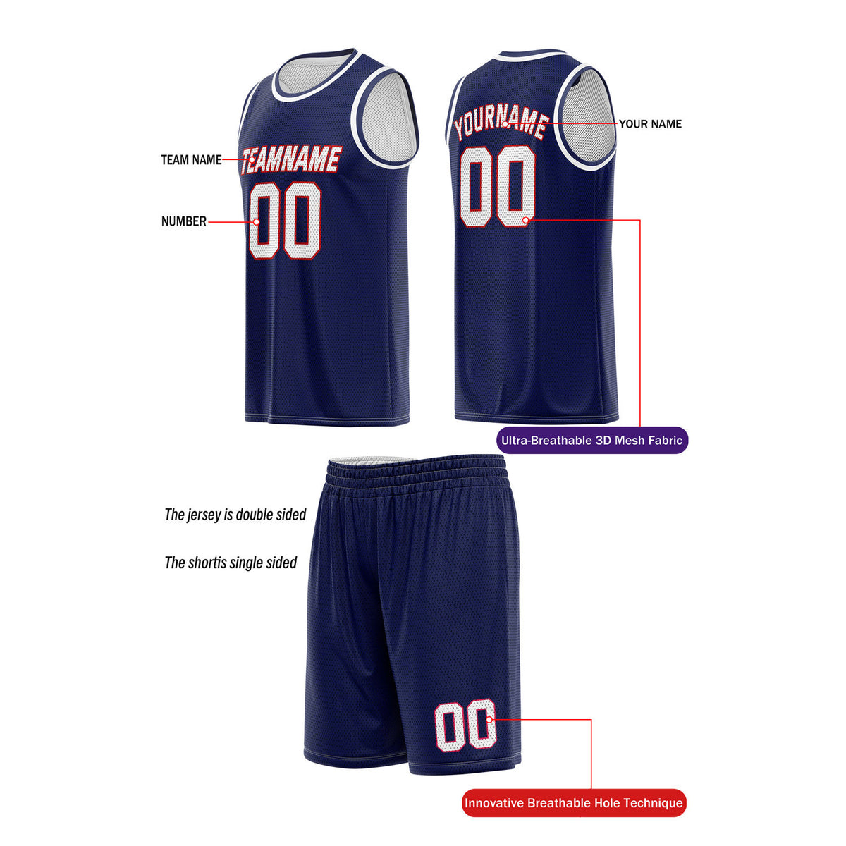 Custom Reversible Navy & White Basketball Uniform (Jersey + Shorts) | Personalized Team Set | Vosoli