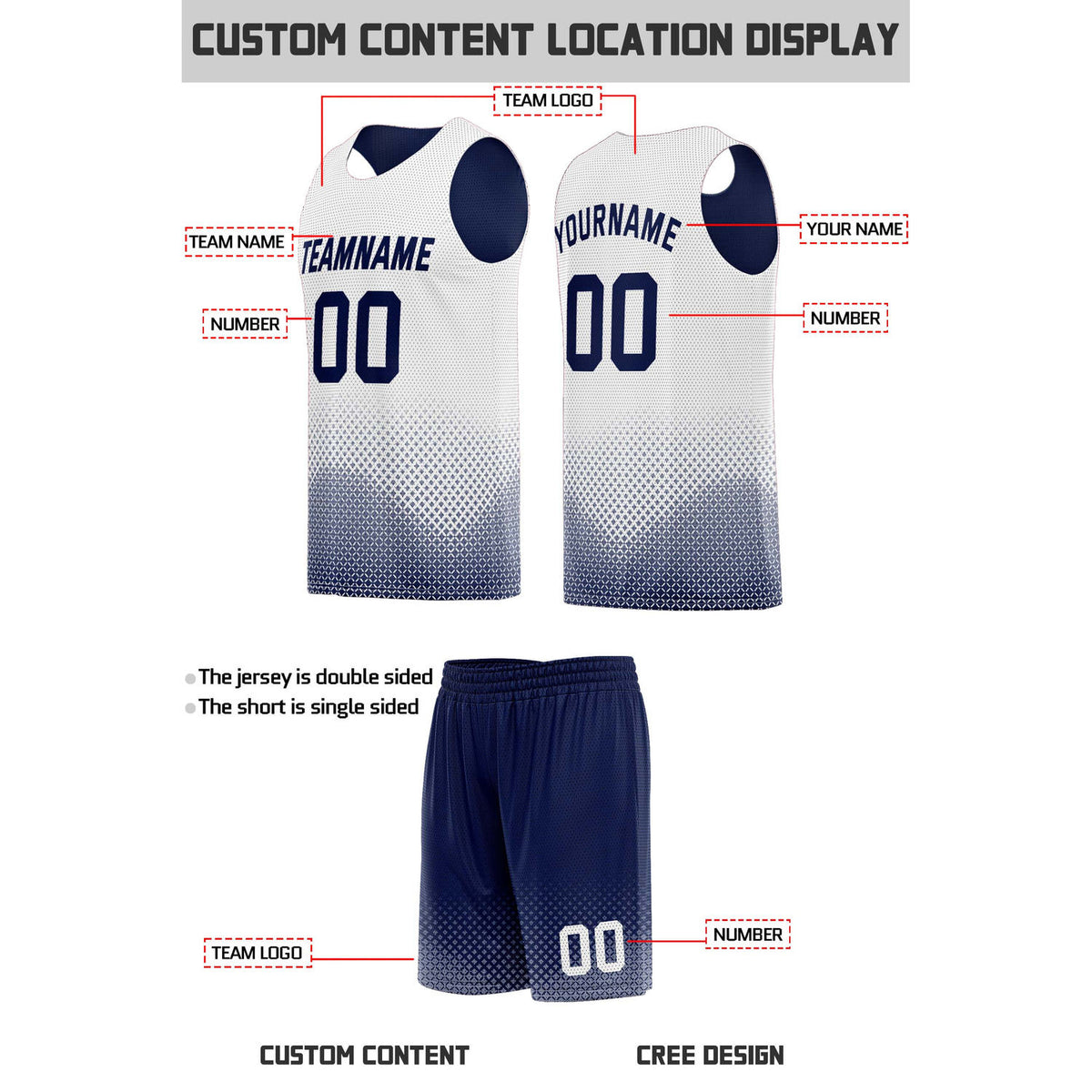 Custom Reversible Navy & White Mesh Basketball Uniform | Personalized Team Set | Vosoli
